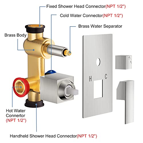 JOMEOO® 12 Inch Brushed Nickel Shower System, Wall Mounted High Pressure Rain Shower Head with Handheld Sprayer, Bathroom Luxury Rainfull Shower Head Shower Faucet Set Rough in Valve Body and Trim - color: Brushed Nickel