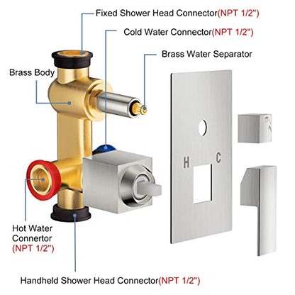 JOMEOO® 12 Inch Brushed Nickel Shower System, Wall Mounted High Pressure Rain Shower Head with Handheld Sprayer, Bathroom Luxury Rainfull Shower Head Shower Faucet Set Rough in Valve Body and Trim - color: Brushed Nickel
