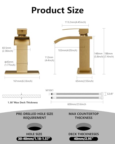 Gold Waterfall Bathroom Faucet 1-Handle Vanity Faucet | Stainless Steel Modern Bathroom Sink Faucet,Pop-Up Drain, Supply Lines 6-in Deck Plate, 1- or 3-Hole, NSF Certified - color: Gold