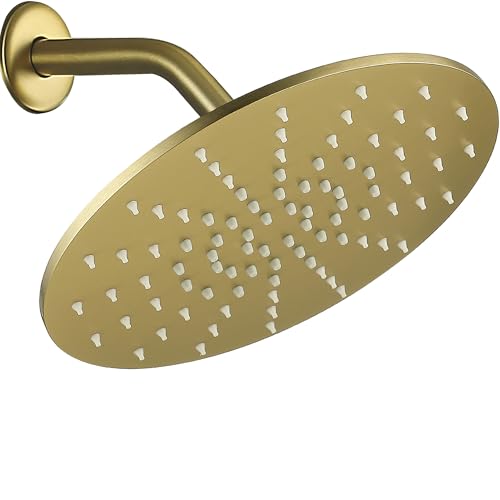 Solid Metal Rain Shower Head, Round High Flow Rainfall Shower Head with Shower Arm and Flange, Reinforced Explosion-Proof Stainless Steel Construction (10-Inch, Brushed Gold) - color: Brushed Gold, size: 10 Inch