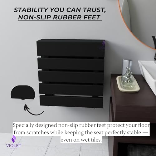 Folding Wall Mounted Teak Wood Shower Seat with Backrest, Water Resistant Foldable Bathroom Stool with Legs, Premium Materials Handmade Shoe Changing Bench, Space Saving and Super Safe Chair (Black) - color: Black
