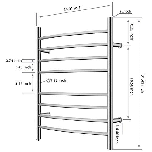 8-Bar Towel Warmer, Heated Towel Rack, Plug-in, Brushed | 304 Stainless Steel Curved 8-Bar Wall-Mounted Towel Warmer With Plug-In Installation Only For Bathrooms - color: Brushed