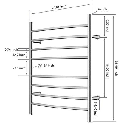 8-Bar Towel Warmer, Heated Towel Rack, Plug-in, Brushed | 304 Stainless Steel Curved 8-Bar Wall-Mounted Towel Warmer With Plug-In Installation Only For Bathrooms - color: Brushed