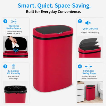 13 Gallon Kitchen Trash Can with Lid,Automatic Touchless Garbage Can for Kitchen,PP Plastic Motion Sensor Trash Can,Tall Large-Capacity Trash Bin,Hands-Free Smart Waste Bin for Home - color: Red
