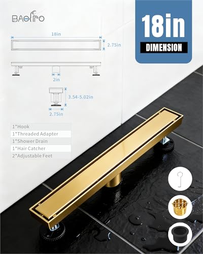 18 Inch Brushed Gold Linear Shower Drain | CUPC Certified 2-in-1 Tile Insert for Curbless Showers. 304 Steel, 15.8GPM Flow. Includes Hair Catcher & Adjustable Feet. - color: Gold, size: 18in