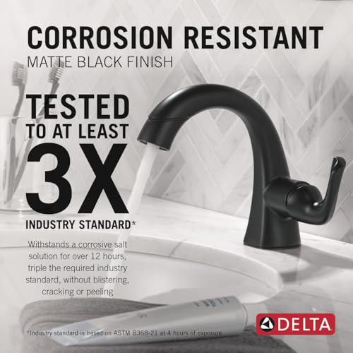 Delta Arvo 1 Hole Matte Black Bathroom Faucet with Sprayer, Single Hole Bathroom Sink Faucet with Pull Out Sprayer for Vanity, Push-Pop Drain, Matte Black 15840LF-BLPD - color: Matte Black