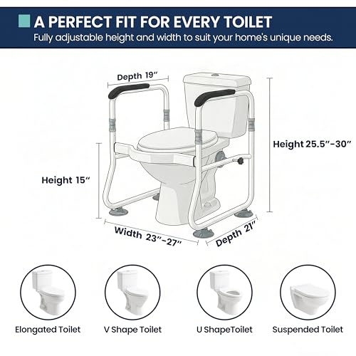 Toilet Safety Rail for Seniors - 300LBS Sturdy Adjustable Bathroom Assist Handle with Suction Cups, Tool-Free Installation, Ideal for Elderly, Post-Surgery, Mobility Impaired & Disabled