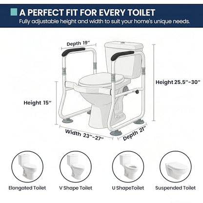 Toilet Safety Rail for Seniors - 300LBS Sturdy Adjustable Bathroom Assist Handle with Suction Cups, Tool-Free Installation, Ideal for Elderly, Post-Surgery, Mobility Impaired & Disabled