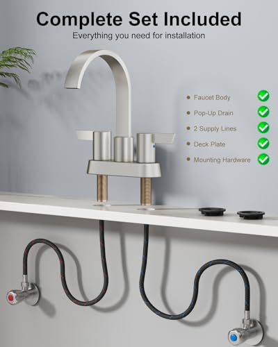 Brushed Nickel Bathroom Faucet,4 Inch Centerset 2-Handle Waterfall | Includes Pop-Up Drain,24-Inch Supply Lines,Mounting Hardware,SUS304 Stainless Steel Construction,And A 360° Swivel Spout - color: Brushed Nickel