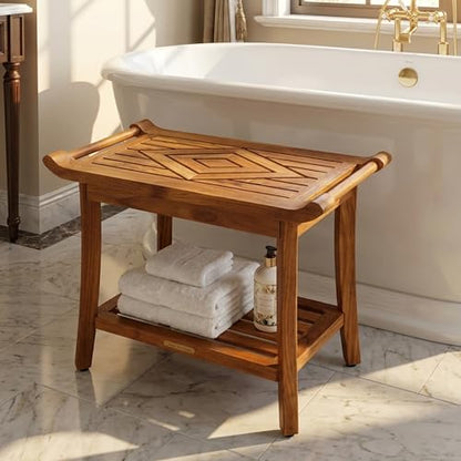 Teak Shower Bench Stool Seat, w/Leveling Feet, Waterproof, Teak Oil Finish | Xtra-Comfortable, 25” Wide 19” Tall 14” Deep, for Indoor/Outdoor Shower, Front Entrance, Spa, Sauna, Pool Deck, Patio, Garden