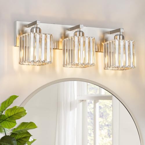 Modern Vanity Light 3-Lights Brushed Nickel Vanity Light Crystal Bathroom Wall Light Bathroom Light Fixtures - color: Nickel Straight, size: 3-light