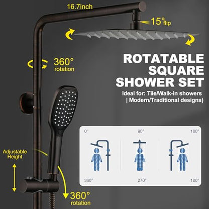 Oil Rubbed Bronze Shower System with Caddy, 12 Inch | Stainless Steel Bathroom Rain Shower Head and Handle Set Fixture, Outdoor Shower Kit Exposed Wall Mounted - color: Oil Rubbed Bronze, style: 2.5 Gallons Per Minute-Square