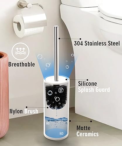 Matt White Ceramic Toilet Brush and Holder Set | Durable Bristles Non Scratch Toilet, Long Stainless Steel Handle, Freestanding Toilet Bowl Cleaners Brush - color: Matt White, size: Set/1