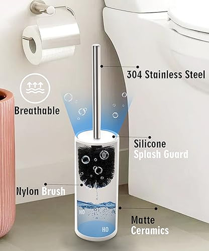 Matt White Ceramic Toilet Brush and Holder Set | Durable Bristles Non Scratch Toilet, Long Stainless Steel Handle, Freestanding Toilet Bowl Cleaners Brush - color: Matt White, size: Set/1
