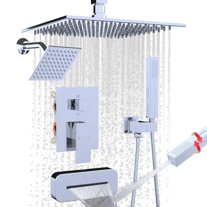 Enga Dual Shower Head System with Tub Spout, Ceiling Mount 10 Inch Shower Head with 6 Inch Wall Mount Shower Head, 4 Way Diverter Shower Faucet with 2 in 1 Handheld, Chrome - color: Chrome, style: Tub+10"+6" Head