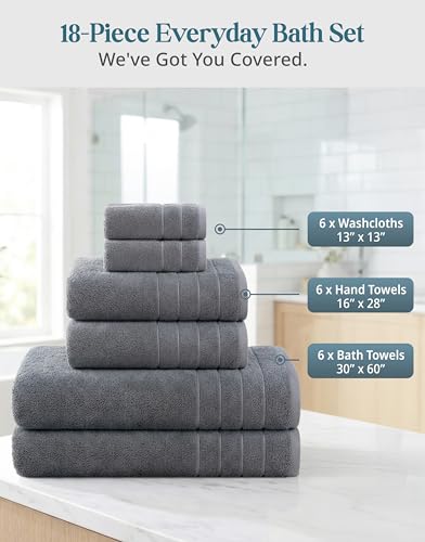 Casa Platino Cotton Towels Set for Bathroom - 18 Pc Family Pack - Super Soft & Quick Dry - 6 Bath, 6 Washcloth, 6 Hand Towels - Oeko TEX Certified, Machine Washable & Durable - Cool Grey - color: 01: Cool Grey, size: 18 Piece Towel Set