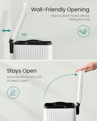 SONGMICS Bathroom Trash Can, 1.6-Gallon (6 L) Trash Bin with Lid, Slim for Small Spaces, Stainless Steel Garbage Can, Soft Close, White ULTB563W02 - color: White, style: 1.6 Gal. & fluted design
