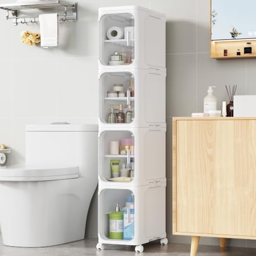 BROVIEW 4-Tier Narrow Storage Cabinet Organizer Slim Bathroom Cabinets, Adjustable Fridge & Vanity Gap Storage, White - color: White, size: 4-Tier-8.5"W