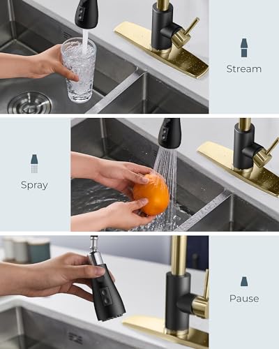 FORIOUS Kitchen Faucet with Soap Dispenser, Stainless Steel, Brushed Gold | Pull Down Sprayer, High Arc Single Handle, Classic 3 Modes Bar Sink Faucet with Deck Plate, Suitable for Rv Laundry Camper - color: Black&Gold, style: Classic