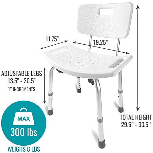 DMI Shower Chair Bath Seat for Tub or Shower Bench for inside shower, Made of Non Slip Aluminum with Plastic Seat, No Tools Needed, Adjustable Height, Holds Weight up to 300 Pounds, Bath Chair, White - style: Chair with Integrated Handles