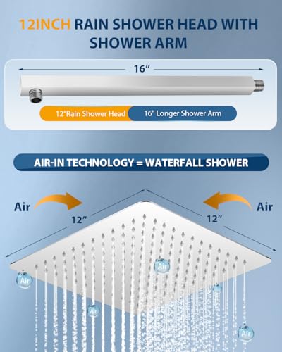 Rain Shower Head with Extension Arm Polished Chrome, 12" Rainfall Square Showerhead with 16" Shower Arm All Stainless Steel, 144 Outlets Waterfall Full Body Coverage - color: Chrome Polished