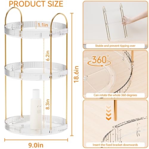 360° Rotating Makeup Organizer, Large Capacity 3 Tier Perfume Skincare Clear Bathroom Organizers, Multi-Function Spinning Cosmetic Storage for Bedroom, Dresser, Countertop