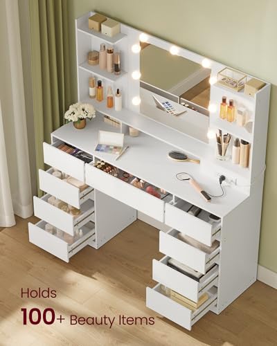 VASAGLE KAILYN Collection - Vanity Desk with Mirror and 9 LED Bulbs, Modern Vanity Makeup Table with Power Outlets, Dressing Table with 9 Drawers, for Bedroom, Cloud White URDT141WB01S - style: 43.3"W 9 Drawers Vanity Desk - Cloud White