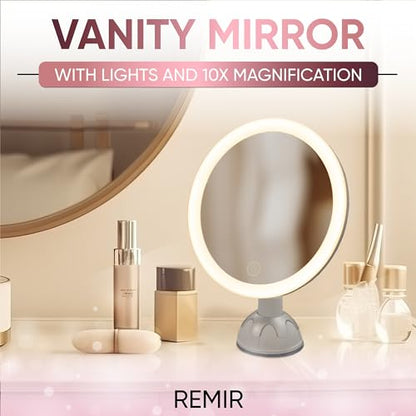 REMIR Vanity Mirror with Lights - 10X Magnifying Makeup Mirror with Suction Cup Base Mounts to Walls, Glass, Doors and Countertops - Smart Touch Control, 3 Dimmable Light Settings and 360 Swivel