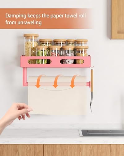 Pink Paper Towel Holder Wall Mount with Shelf, Easy One Hand Tear, Adhesive Glue or Drill Mount Hanging Paper Towel Holder with Shelf for Kitchen/Bathroom/RV, Metal, 4 Hooks - color: Pink
