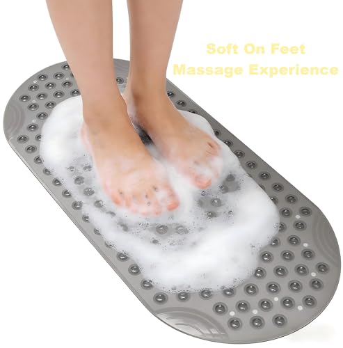 Anti Slip Bathtub Mat,Non Slip Bath Mat,16x35 Inch Extra Long Tub Mat,Machine Washable Bathroom Shower Mat with Suction Cups and Drainage Holes,Soft on Feet (Grey) - color: Clear Grey
