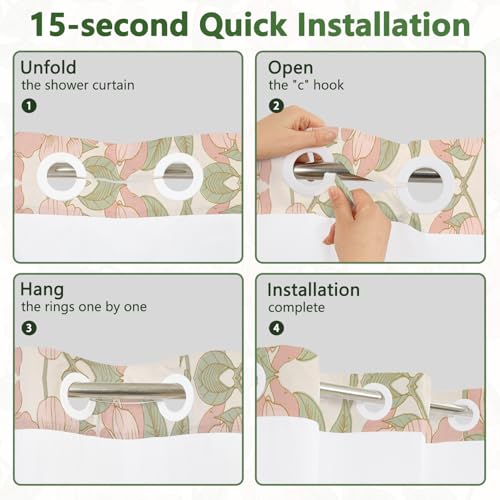 Pink Floral No Hook Shower Curtain and Liner Set, Double-Layer Waterproof Shower Curtains for Bathroom, Washable Shower Curtain with Snap in Liner, Weighted Bottom and Mesh Top Window, 71x74 Inches - color: Pink Flowers