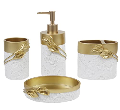 Hymmah Bathroom Accessories Set,Golden Design Toothbrush Holder,Farmhouse Bathroom Decor,4 Pcs Resin Gift Set Apartment Necessities, Contain Toothbrush Cup,Soap Dispenser,Soap Dish,Tumbler - color: Calla Gold