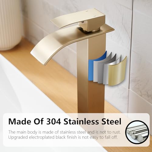 Brushed Gold Bathroom Vessel Sink Faucet Modern Waterfall Vessel Faucet | Stainless Steel Tall 1 Hole Single Handle Vanity Lavatory Modern Commercial Mixer Tap With Pop Up Drain by BATHLAVISH - color: Brushed Gold, size: Modern Vessel Sink Faucet