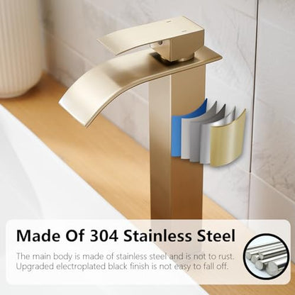 Brushed Gold Bathroom Vessel Sink Faucet Modern Waterfall Vessel Faucet | Stainless Steel Tall 1 Hole Single Handle Vanity Lavatory Modern Commercial Mixer Tap With Pop Up Drain by BATHLAVISH - color: Brushed Gold, size: Modern Vessel Sink Faucet