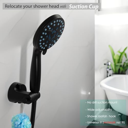 Hand held Showerhead Holder Wall Mounted - Wide Anlge Adustable - Bathroom Suction Cup Shower Hose Holder (Matte Black) - color: Matte Black