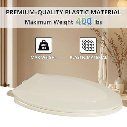 Angol Shiold PP Slow Close Toilet Seat (Elongated, Almond) | Elongated toilet seat with ergonomic design, grip-tight anti-slip bumpers and easy-clean safe PP material - color: Almond, size: Elongated 18.5‘’