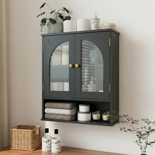 Black Bathroom Cabinet Wall Mounted with Tempered Glass Doors,Wooden Medicine Cabinet with Adjustable Shelf Open Shelf,Over The Toilet Space Saver Storage Cabinet - color: Black With Fluted Glass