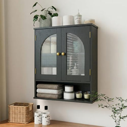 Black Bathroom Cabinet Wall Mounted with Tempered Glass Doors,Wooden Medicine Cabinet with Adjustable Shelf Open Shelf,Over The Toilet Space Saver Storage Cabinet - color: Black With Fluted Glass