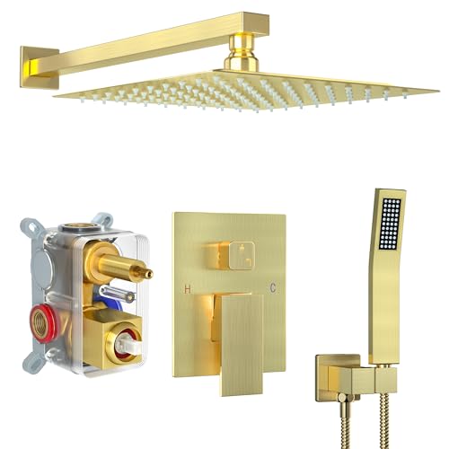 Brushed Gold Shower System with 12-Inch Rain Showerhead and Handheld | Innovative air-injection technology for low pressure, high-flow rate up to 3.22 GPM ensuring powerful consistent stream - color: Brushed Gold, style: 12"-Without Tub Spout