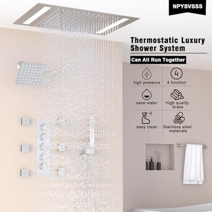 Thermostatic Shower System with 14x20 Inch Ceiling Mount LED Head & 6 Inch Wall Head and Handheld Shower 4 Function Vale with body jets Can All Run Together,Brushed Nickel - color: Brushed Nickel, style: 14x20 led+6 jets