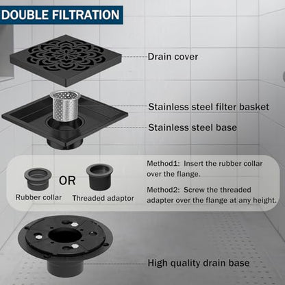6 Inch Shower Drain, Square Shower Floor Drain Kit with Flange and Removable Cover Grate, AISI 304 Stainless Steel, Matte Black - color: Matte Black, size: 6 inches