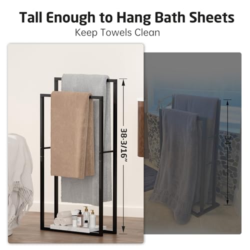 KES Standing Towel Rack, Heavy Marble Base, 2-Tier Floor Stand, Matte Black | 7.39 Lb Marble Base, Prevents Tipping, 34.3" & 38.2" H Fit Bath Sheets, Shelf Storage for Towels and Toiletries
