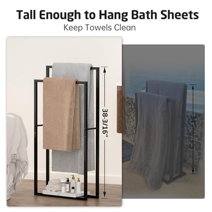 KES Standing Towel Rack, Heavy Marble Base, 2-Tier Floor Stand, Matte Black | 7.39 Lb Marble Base, Prevents Tipping, 34.3" & 38.2" H Fit Bath Sheets, Shelf Storage for Towels and Toiletries