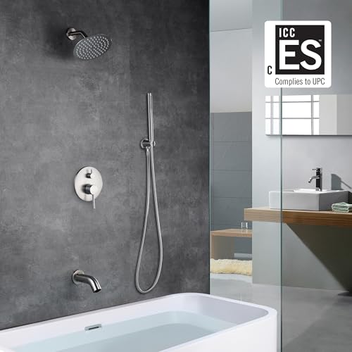 SUMERAIN Brushed Nickel Shower System with Waterfall Tub Spout | 8" Stainless Steel Rain Shower, Brass Handheld Shower, Brass Rough in Valve, Concealed Box Design - color: Brushed Nickel, size: 3 Function