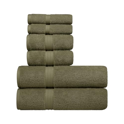 6 Pack Cotton Towel Set - Luxury & 100% Cotton - Hotel and Spa Quality, Absorbent, Includes 2 Bath Towel (28" x 56"), 2 Hand Towels (16"x28") and 2 Wash Cloths (12"x12") - Army Green - color: Army Green, size: 6-Piece Bath Towel Sets