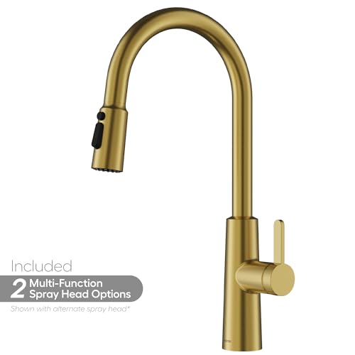 Karran Elmsworth Commercial Style Pull-Down Kitchen Faucet with Dual Interchangeable Spray Heads 5-Function Revolve MAX & 3-Function Revolve Mini Aerator High-Arc Spout (Spot Free Brushed Gold) - color: Spot Free Brushed Gold