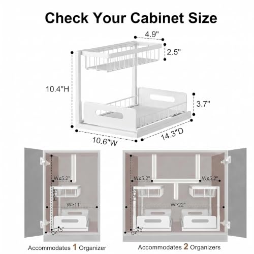 L-Shaped Under Sink Organizer, White | 2-Tier, Slide Out Cabinet Storage, Solid Metal Handles - color: White