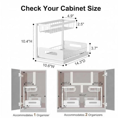 L-Shaped Under Sink Organizer, White | 2-Tier, Slide Out Cabinet Storage, Solid Metal Handles - color: White