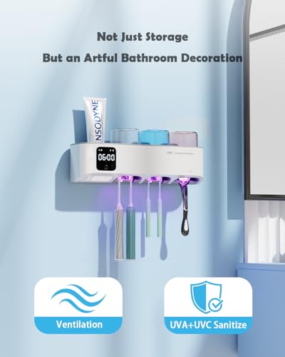 Toothbrush Holders Wall Mounted for Bathrooms, Toothbrush Holder - Smart Home & Bathroom Decor Tooth Brush Holders with 3 Cups, Features a Clock and auto Motion-Activated Night Light - size: Family with Cup