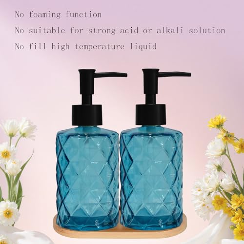 12oz Blue Glass Hand and Dish Soap Dispenser Set, Diamond Design, Set of 2 | Bathroom Soap Dispenser with Plastic Pumps, Bamboo Tray for Hand Wash & Dish Wash, for Bathroom Kitchen Countertop - color: Blue